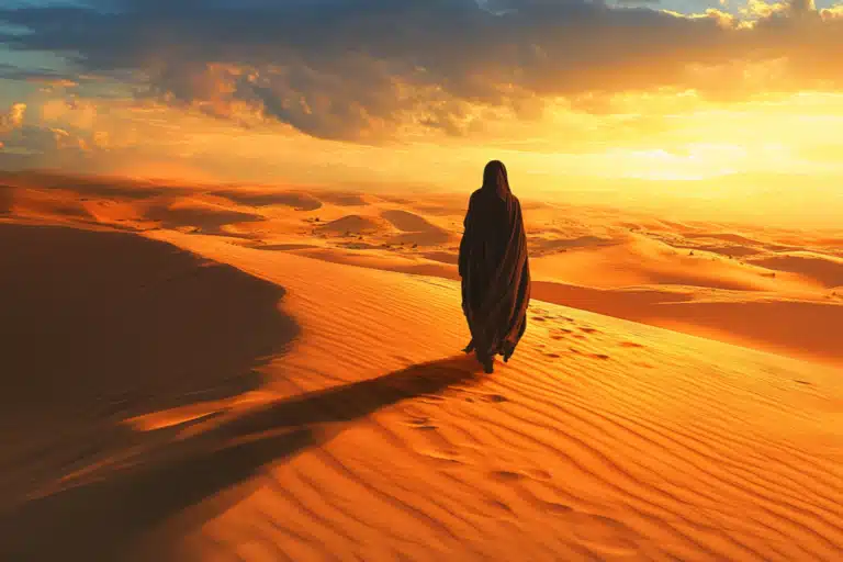 Veiled woman walking in the desert at sunset