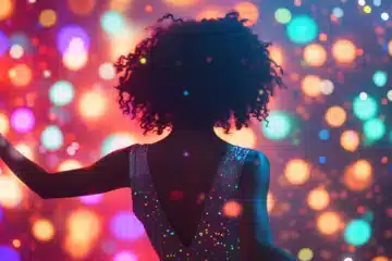 A roller disco dancing queen among colorful lights