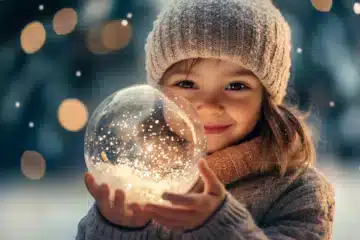 Girl holding a snow globe with sparkles swirling inside