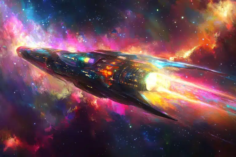 A spaceship traveling through space among colorful star clouds