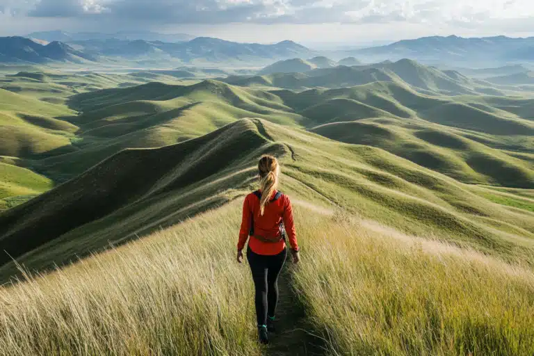 A woman hiking through low mountains