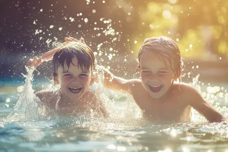 Two kids joyfully splashing around in water