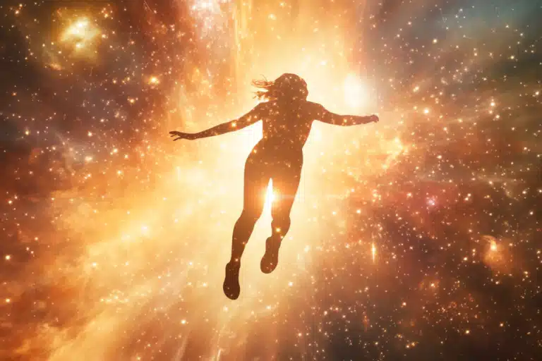 A woman having an out of body experience flying into stars