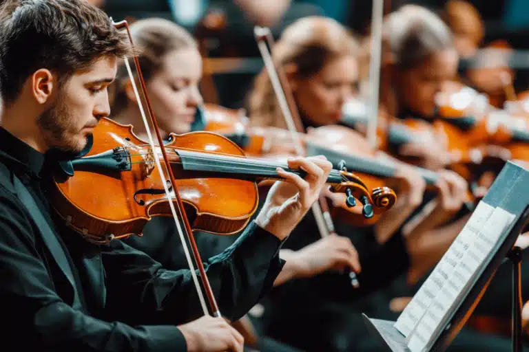 The strings section of an orchestra