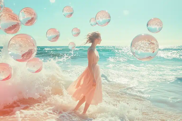 A woman surrounded by floating pink glass orbs at the beach