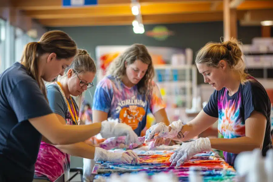 A group of young women creating tie dye