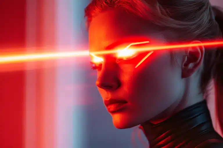 A female superhero with lasers shooting out her eyes