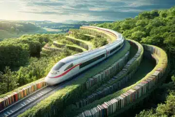 High speed train in a landscape of books