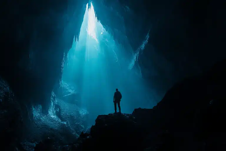 Man exploring a deep dark mysterious cavern