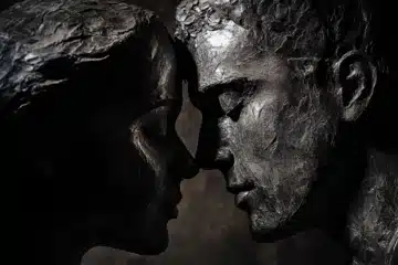 A woman and man face to face noses touching reconciling