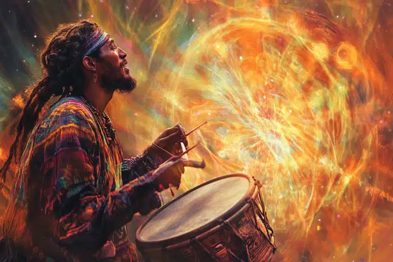 A man drumming with colorful lights dancing around him