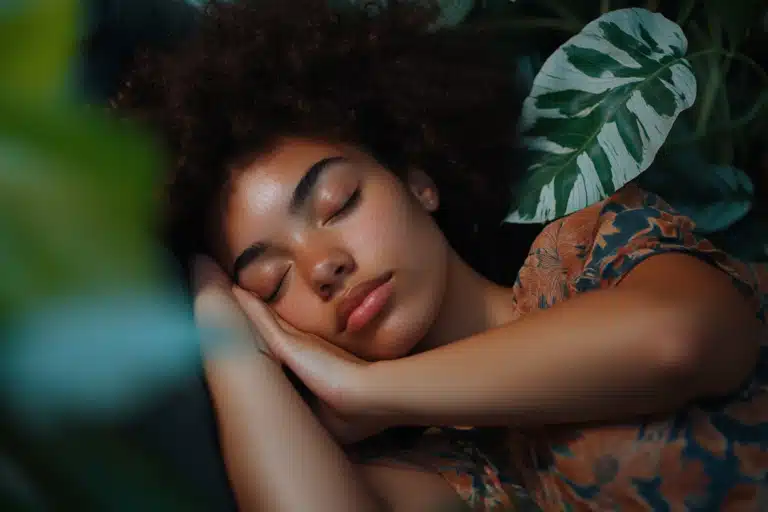 Woman taking a nap among plants