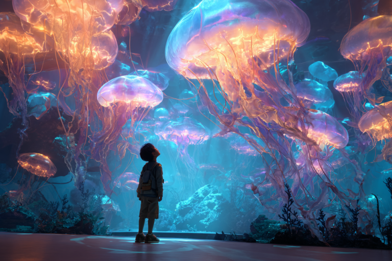 Boy standing next to an aquarium of giant bioluminescent jellyfish