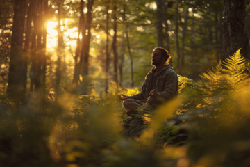 Men meditating among ferns in Appalachian forest during golden hour