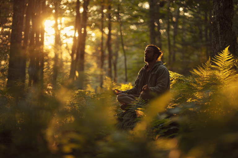 Men meditating among ferns in Appalachian forest during golden hour
